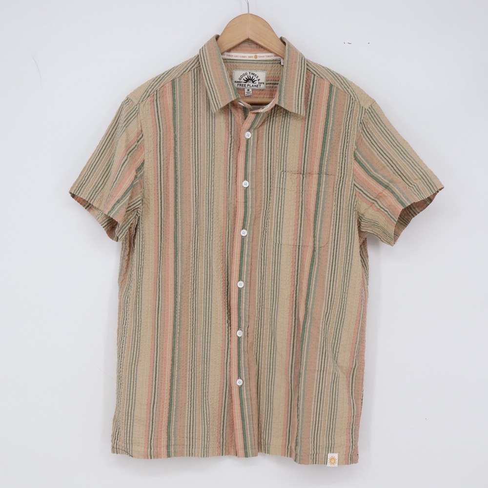 Free Planet Shirt Mens M Tan Green Striped Button Down New